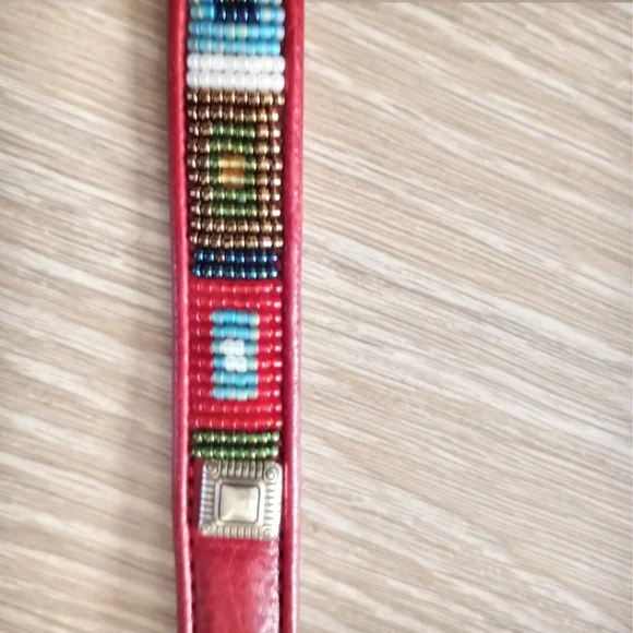 SOLD Brighton Belt Genuine Leather Silver Beaded Native American Red Size 32 … - Picture 2 of 12